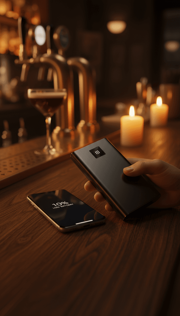 Portable power bank ready to charge a mobile phone at a bar