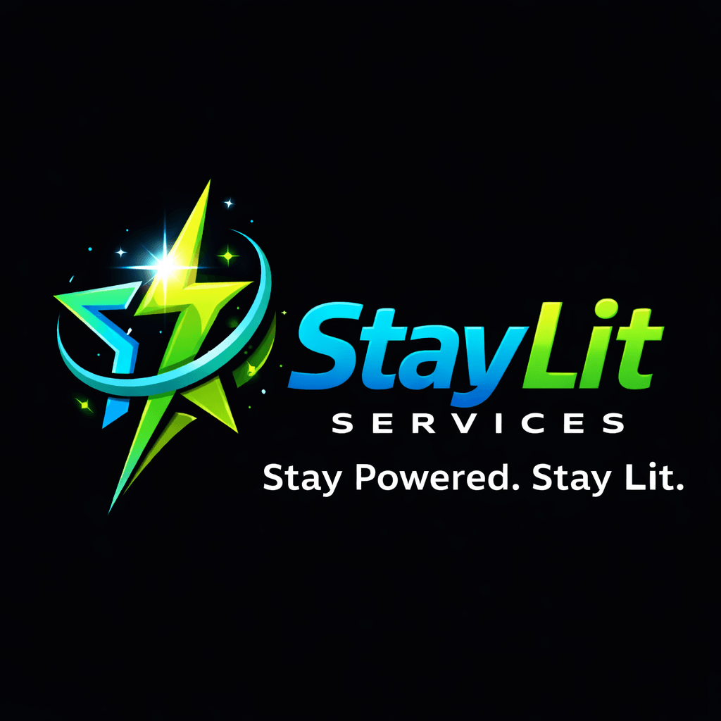 Vibrant StayLit Services logo: blue-green lightning bolt, "Stay Powered. Stay Lit." tagline.
