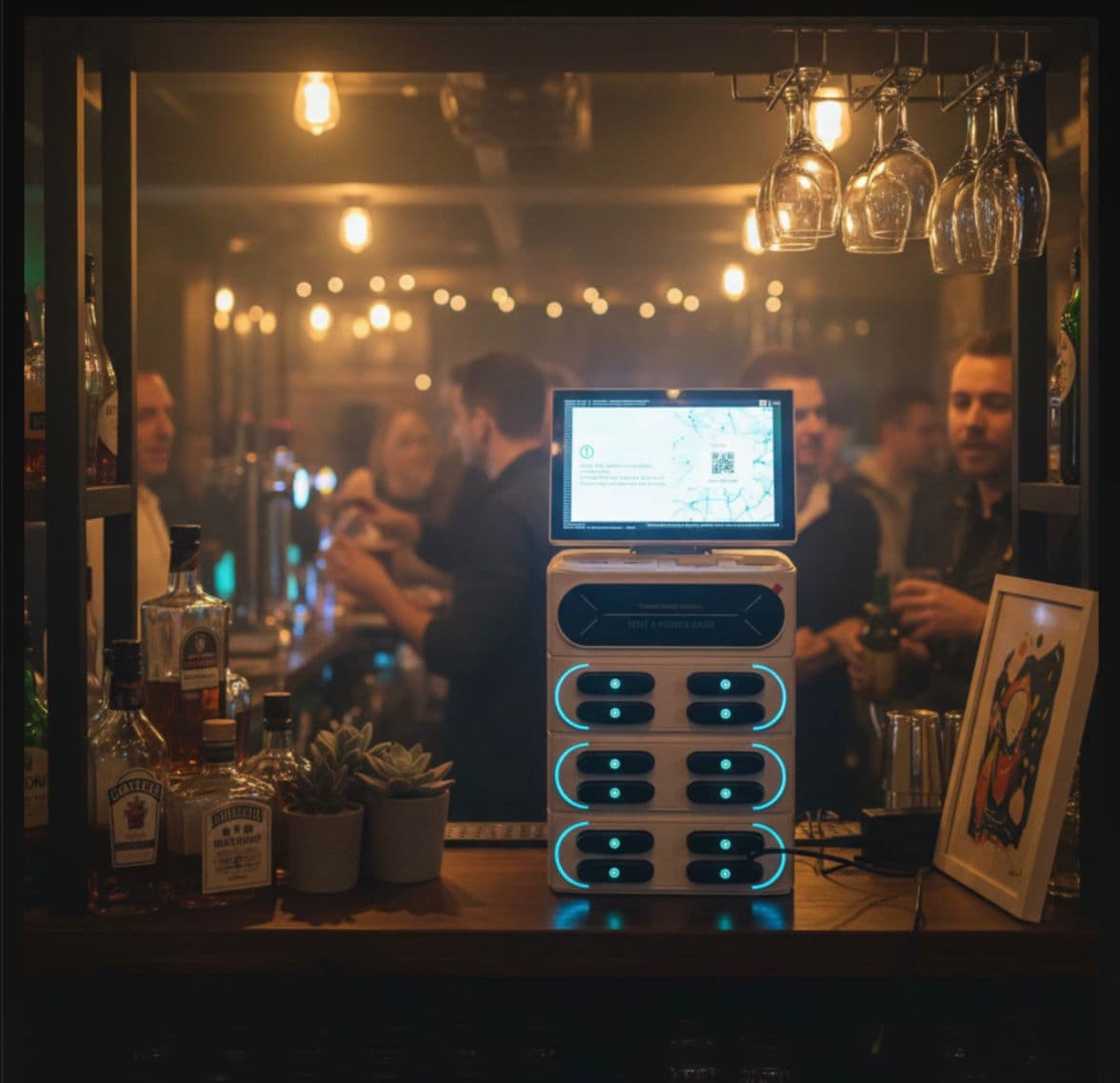 Portable power bank rental station on a bar counter in a crowded, dimly lit pub.