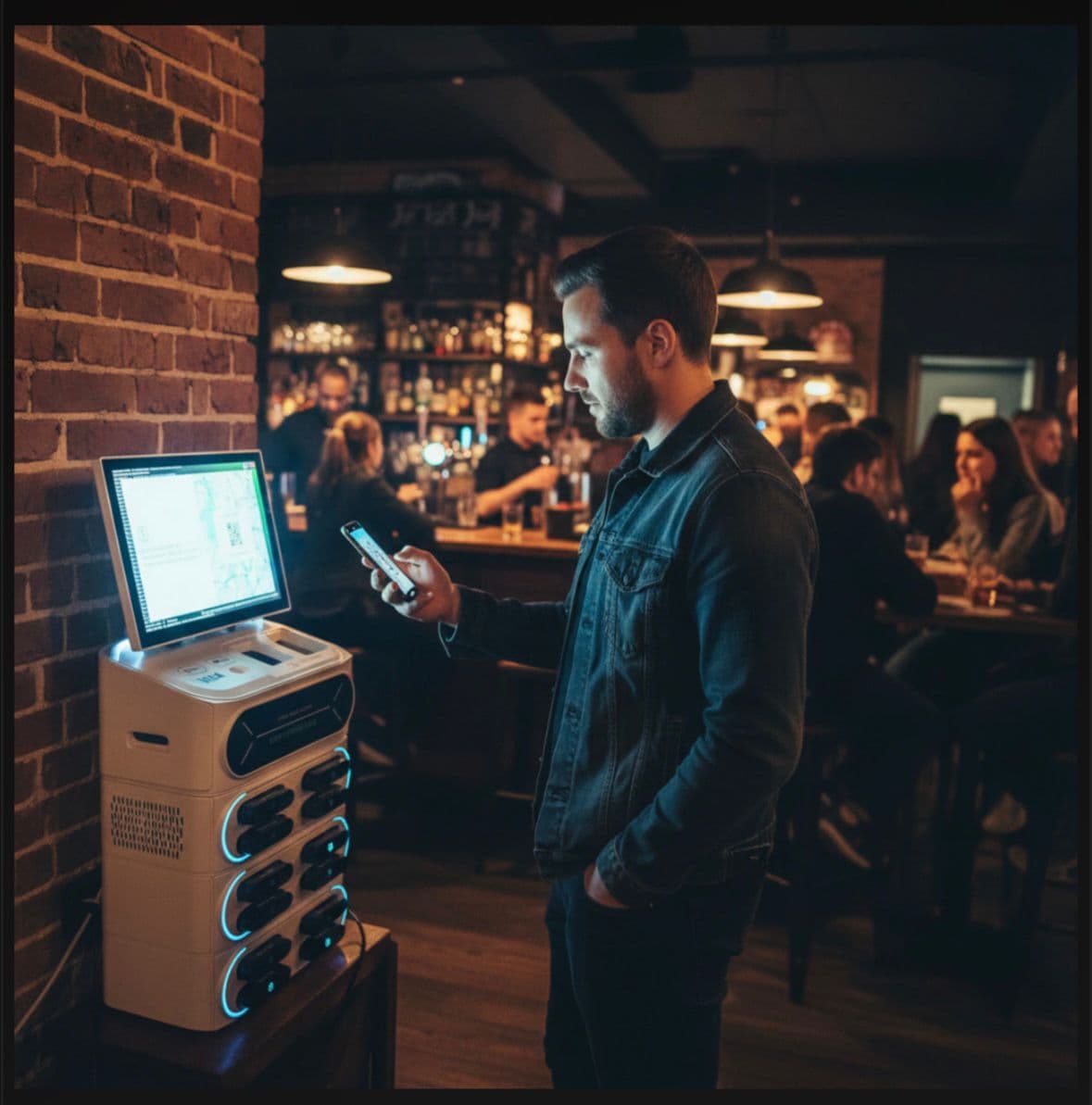 Man in denim jacket using smartphone to rent a portable power bank from a kiosk.