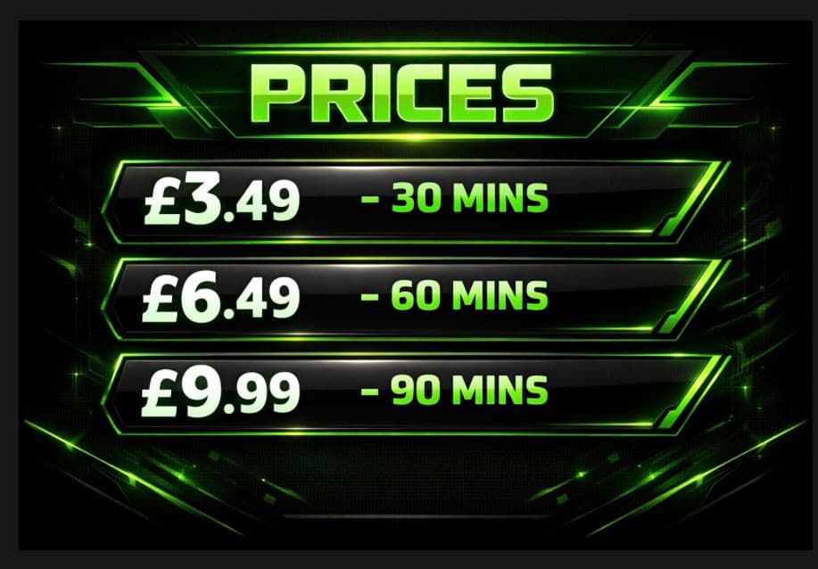 Futuristic price list: £3.49 for 30, £6.49 for 60, and £9.99 for 90 minutes.