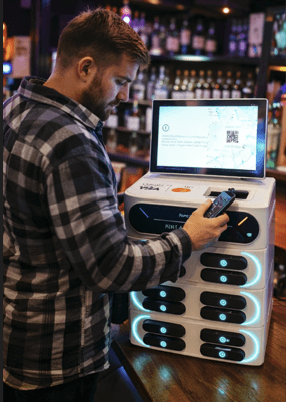 Man in plaid shirt using smartphone to rent a power bank at a bar.