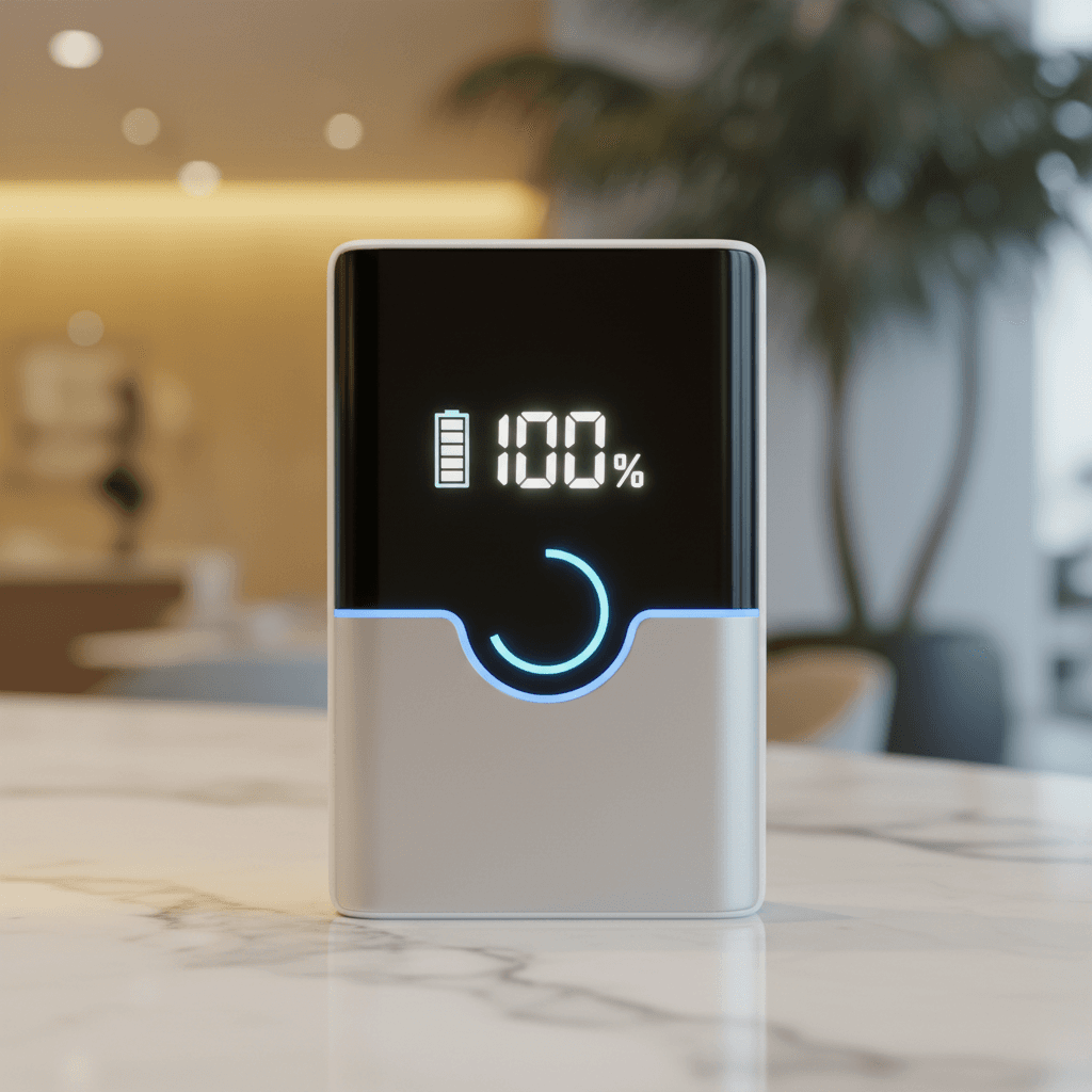 Fully charged power bank with 100% battery indicator